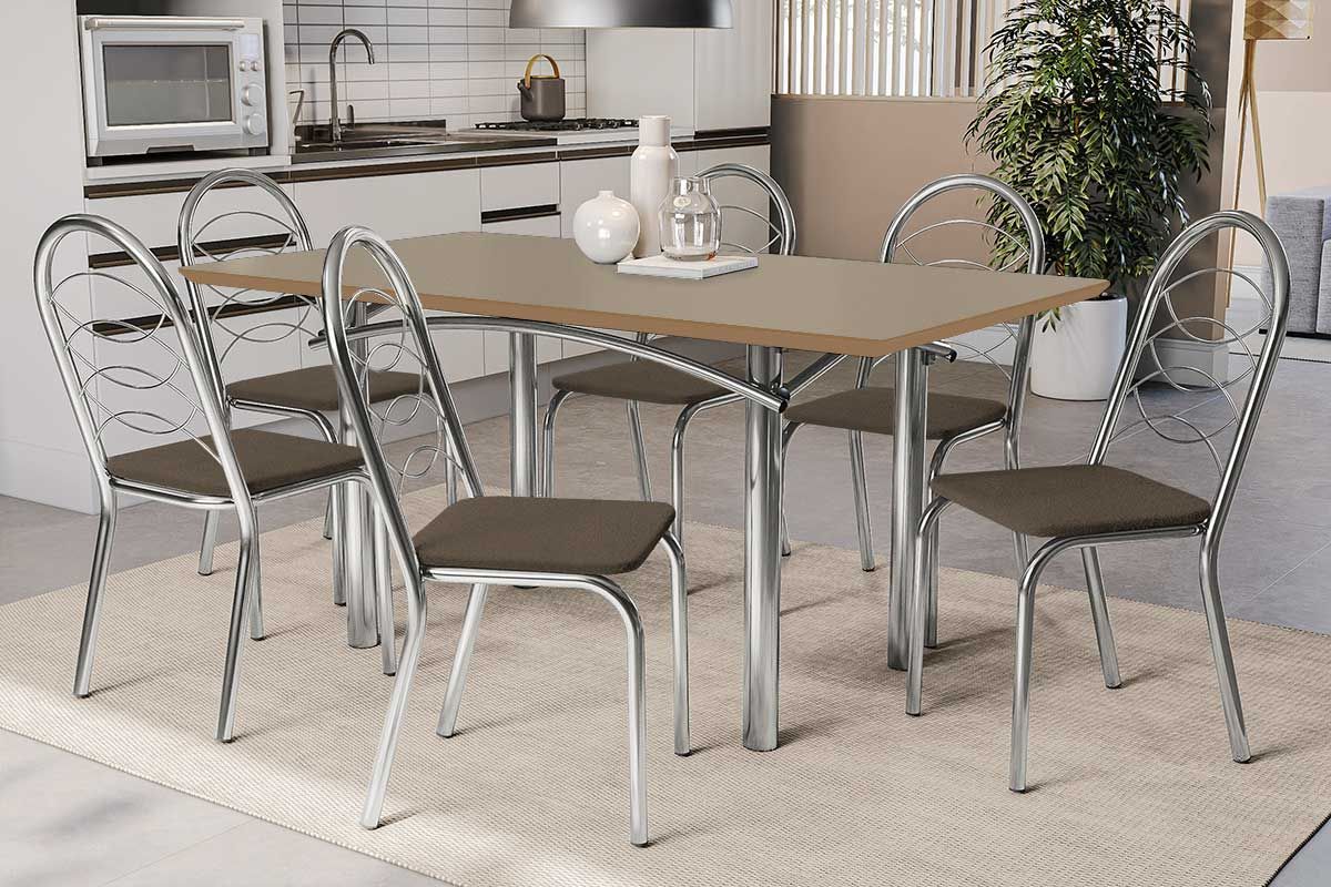 Sala Jantar Mesa Elba Tampo Madeirado c/ Vidro 160cm e 6 Cadeiras Holanda - Kappesberg