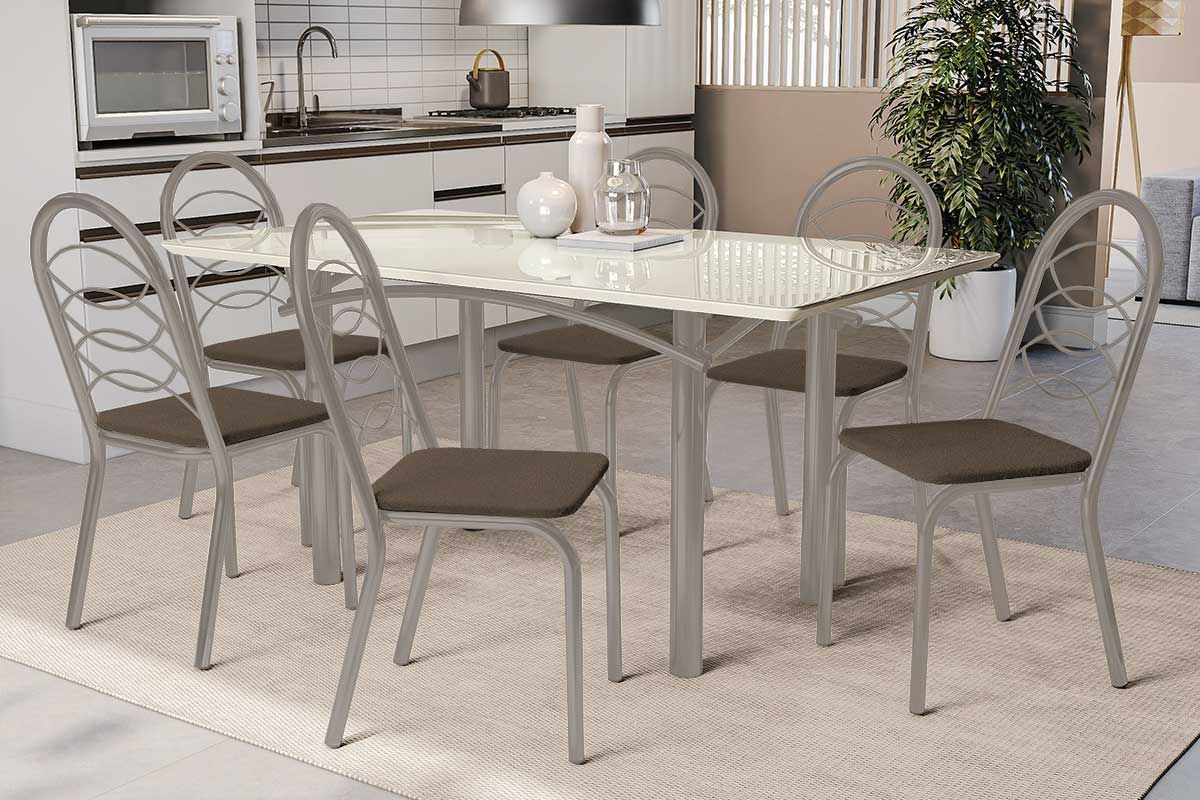 Sala Jantar Mesa Elba Tampo Madeirado c/ Vidro 160cm e 6 Cadeiras Holanda - Kappesberg