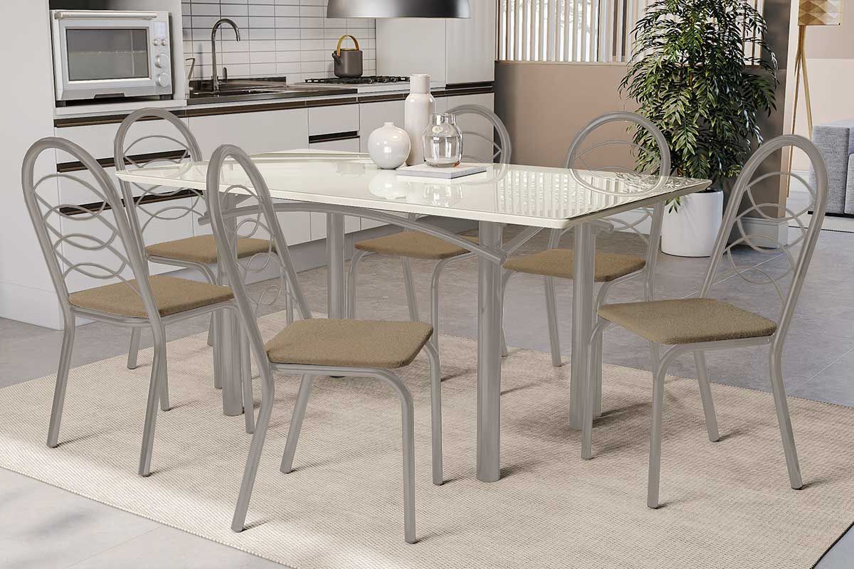 Sala Jantar Mesa Elba Tampo Madeirado c/ Vidro 160cm e 6 Cadeiras Holanda - Kappesberg