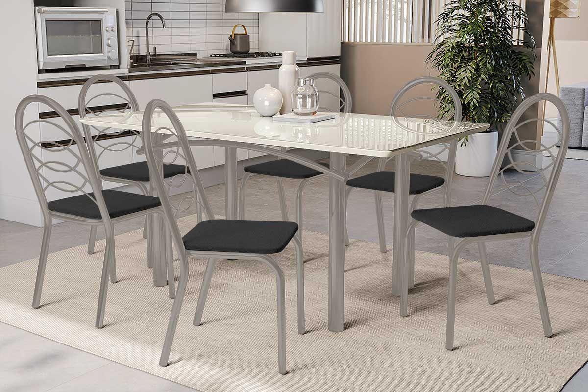 Sala Jantar Mesa Elba Tampo Madeirado c/ Vidro 160cm e 6 Cadeiras Holanda - Kappesberg