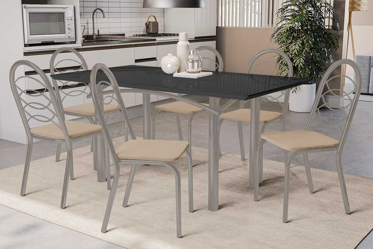 Sala Jantar Mesa Elba Tampo Madeirado c/ Vidro 160cm e 6 Cadeiras Holanda - Kappesberg
