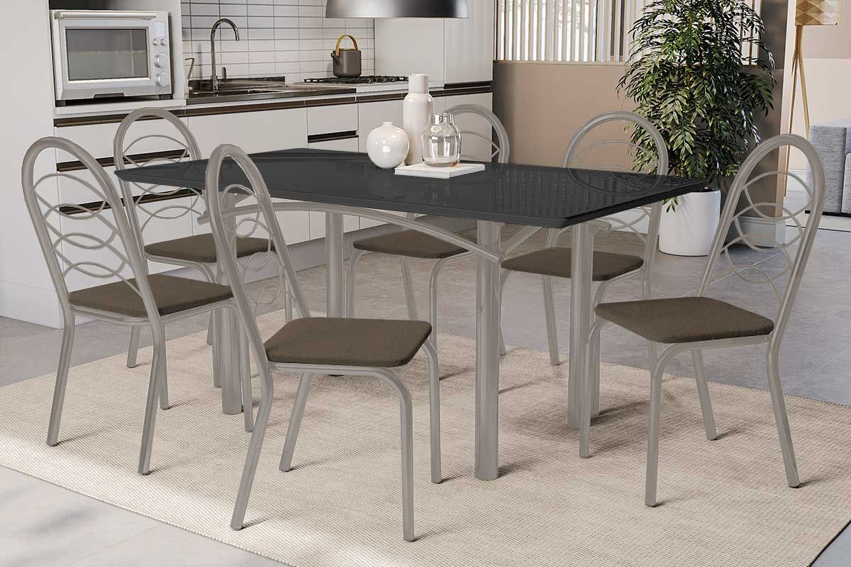 Sala Jantar Mesa Elba Tampo Madeirado c/ Vidro 160cm e 6 Cadeiras Holanda - Kappesberg