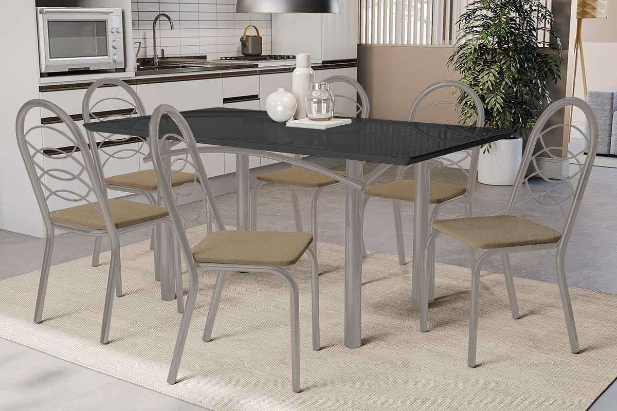 Sala Jantar Mesa Elba Tampo Madeirado c/ Vidro 160cm e 6 Cadeiras Holanda - Kappesberg