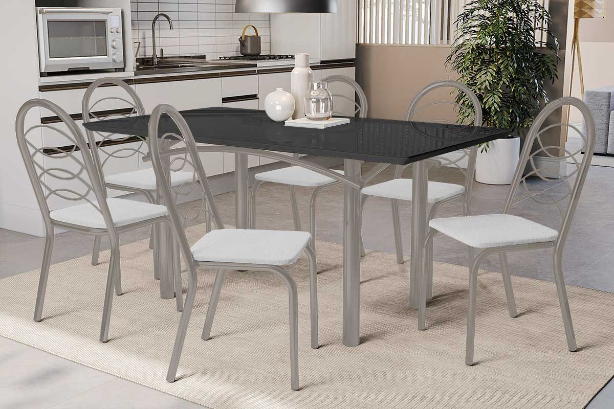 Sala Jantar Mesa Elba Tampo Madeirado c/ Vidro 160cm e 6 Cadeiras Holanda - Kappesberg