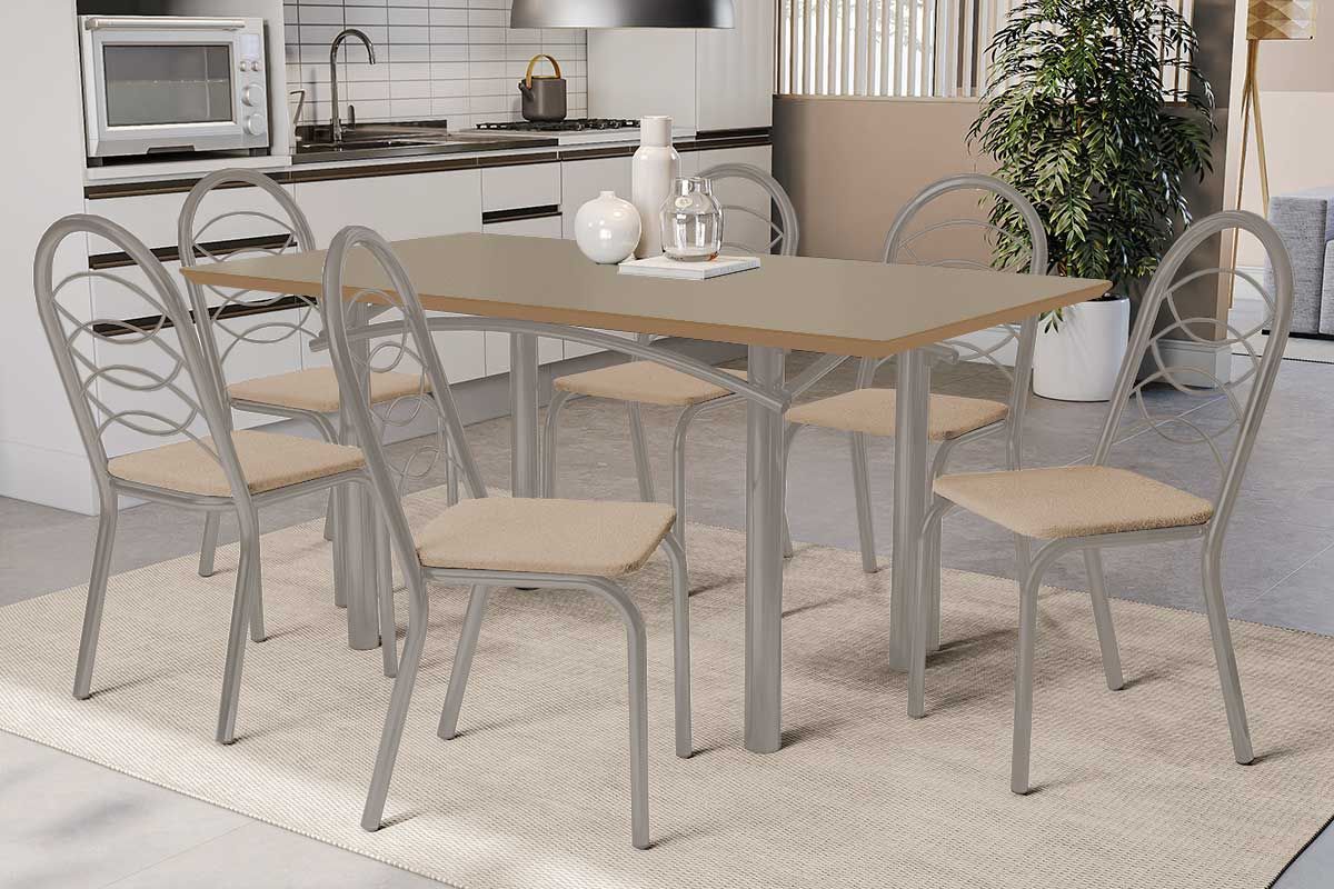 Sala Jantar Mesa Elba Tampo Madeirado c/ Vidro 160cm e 6 Cadeiras Holanda - Kappesberg