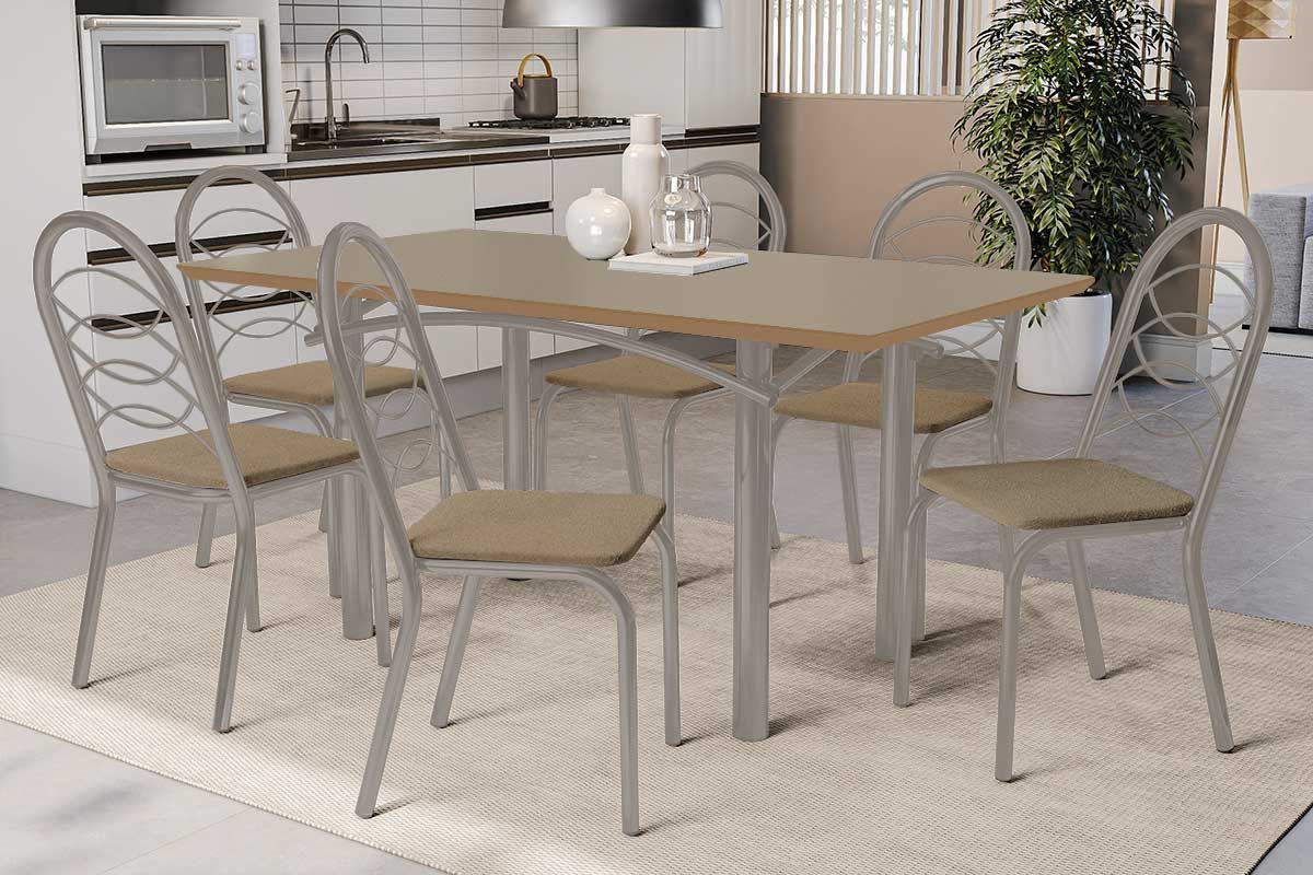 Sala Jantar Mesa Elba Tampo Madeirado c/ Vidro 160cm e 6 Cadeiras Holanda - Kappesberg