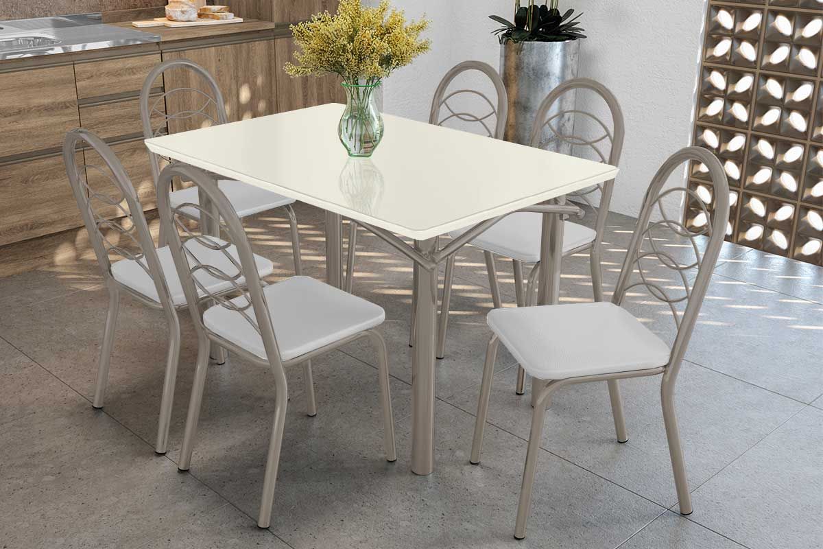 Sala Jantar Mesa Elba Tampo Madeirado c/ Vidro 120cm e 6 Cadeiras Holanda - Kappesberg