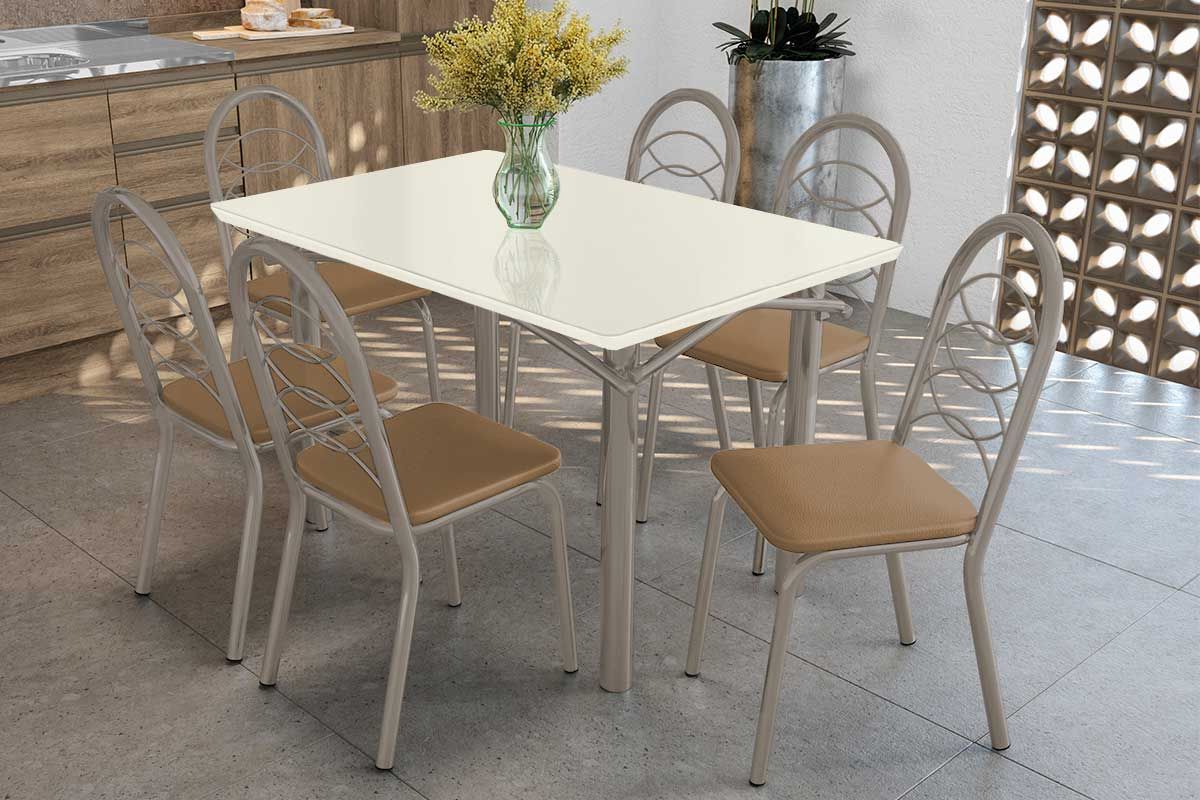 Sala Jantar Mesa Elba Tampo Madeirado c/ Vidro 120cm e 6 Cadeiras Holanda - Kappesberg