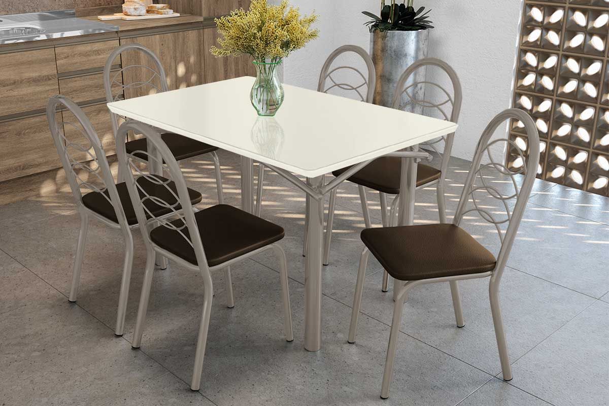 Sala Jantar Mesa Elba Tampo Madeirado c/ Vidro 120cm e 6 Cadeiras Holanda - Kappesberg
