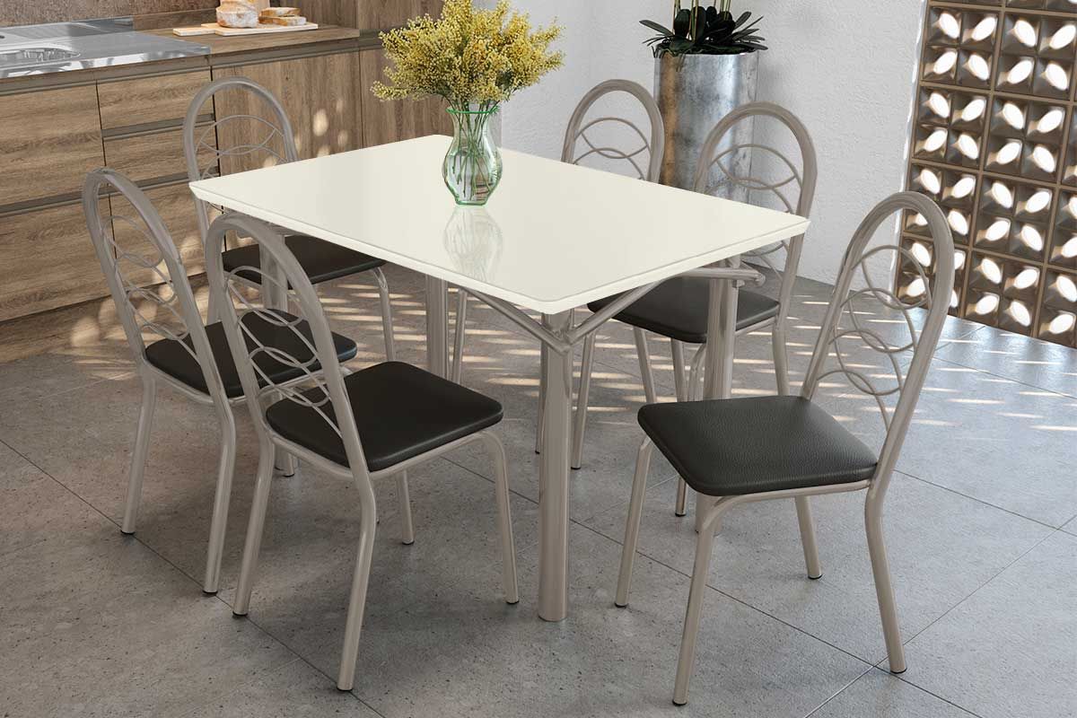 Sala Jantar Mesa Elba Tampo Madeirado c/ Vidro 120cm e 6 Cadeiras Holanda - Kappesberg
