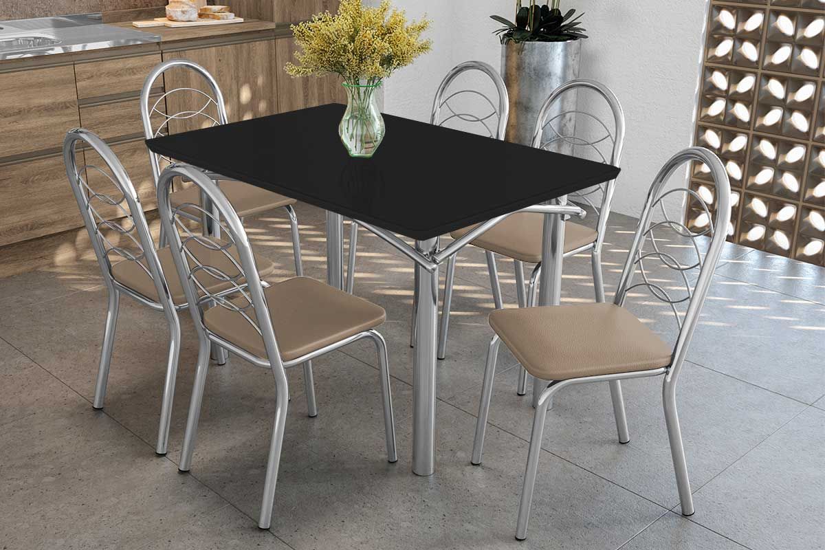 Sala Jantar Mesa Elba Tampo Madeirado c/ Vidro 120cm e 6 Cadeiras Holanda - Kappesberg