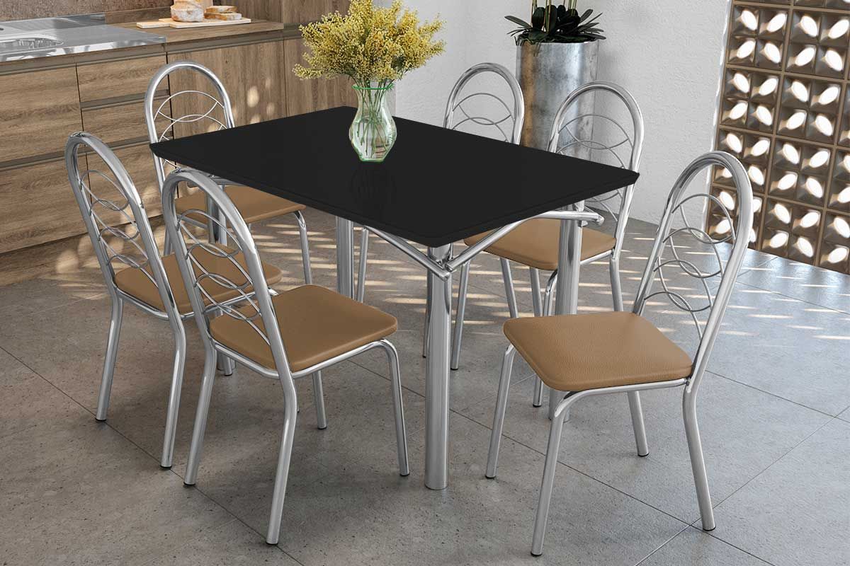 Sala Jantar Mesa Elba Tampo Madeirado c/ Vidro 120cm e 6 Cadeiras Holanda - Kappesberg
