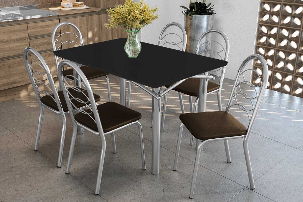 Sala Jantar Mesa Elba Tampo Madeirado c/ Vidro 120cm e 6 Cadeiras Holanda - Kappesberg