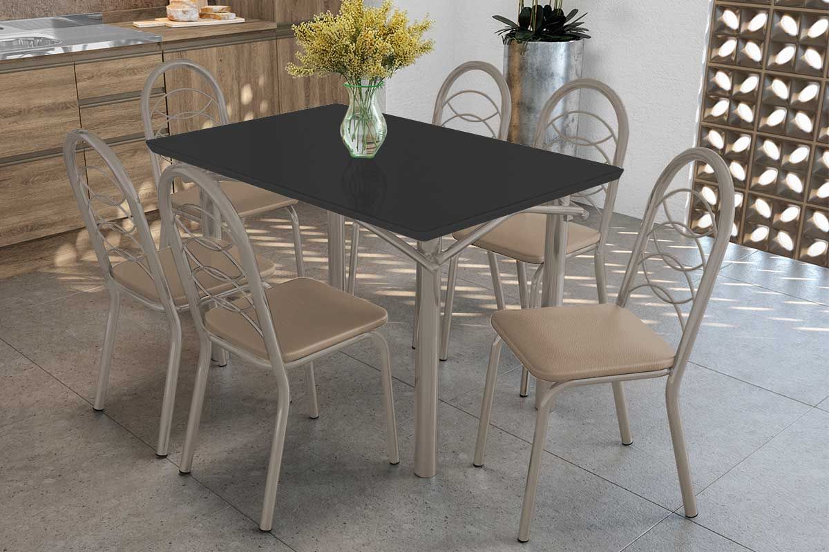 Sala Jantar Mesa Elba Tampo Madeirado c/ Vidro 120cm e 6 Cadeiras Holanda - Kappesberg