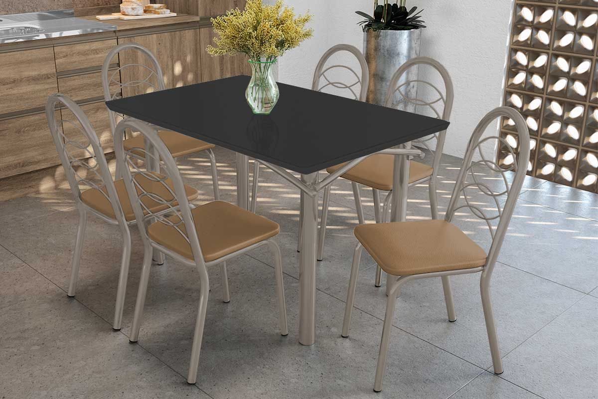 Sala Jantar Mesa Elba Tampo Madeirado c/ Vidro 120cm e 6 Cadeiras Holanda - Kappesberg
