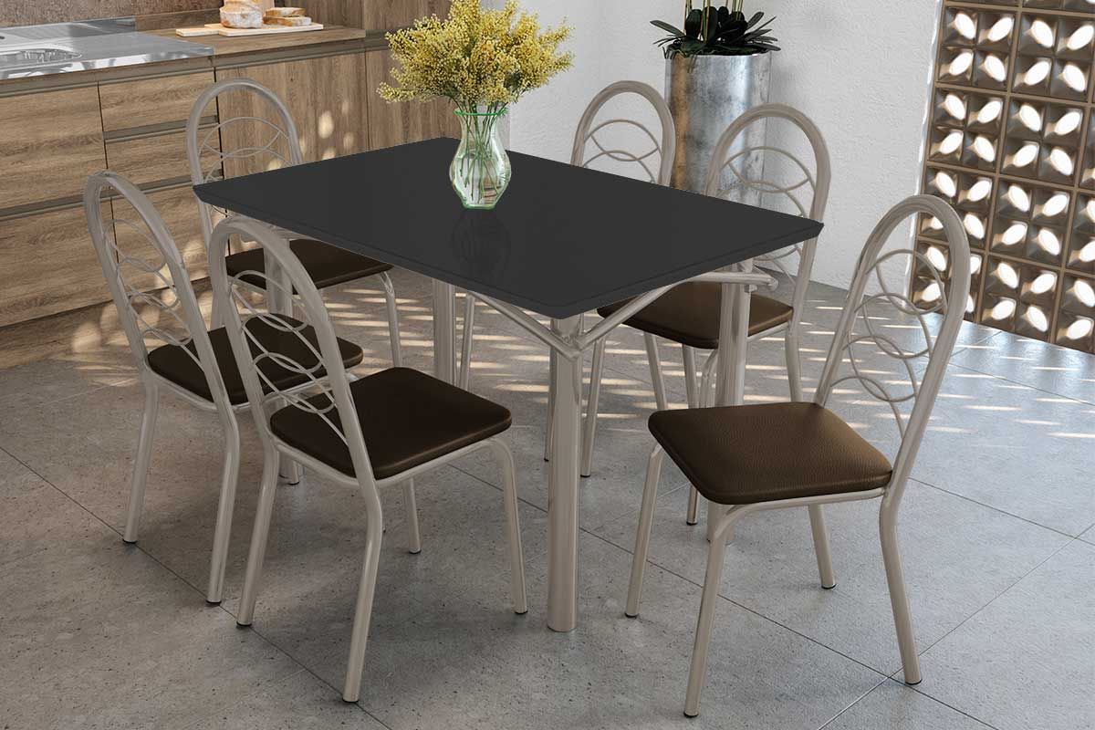 Sala Jantar Mesa Elba Tampo Madeirado c/ Vidro 120cm e 6 Cadeiras Holanda - Kappesberg