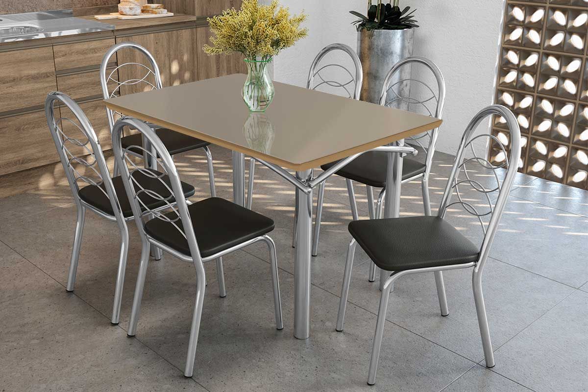 Sala Jantar Mesa Elba Tampo Madeirado c/ Vidro 120cm e 6 Cadeiras Holanda - Kappesberg