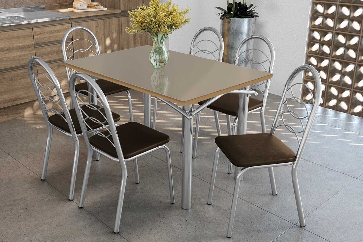 Sala Jantar Mesa Elba Tampo Madeirado c/ Vidro 120cm e 6 Cadeiras Holanda - Kappesberg