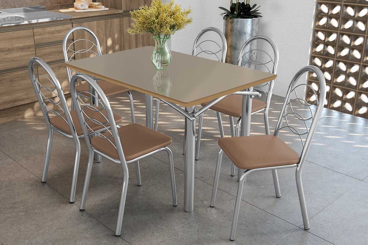 Sala Jantar Mesa Elba Tampo Madeirado c/ Vidro 120cm e 6 Cadeiras Holanda - Kappesberg