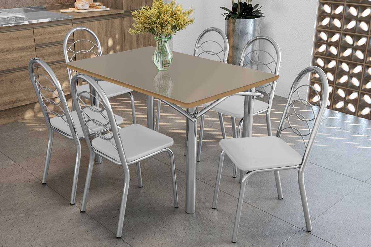 Sala Jantar Mesa Elba Tampo Madeirado c/ Vidro 120cm e 6 Cadeiras Holanda - Kappesberg