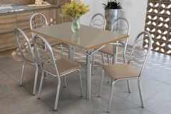 Sala Jantar Mesa Elba Tampo Madeirado c/ Vidro 120cm e 6 Cadeiras Holanda - Kappesberg