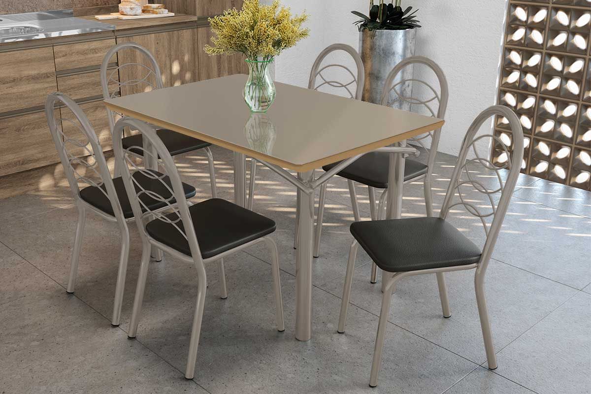 Sala Jantar Mesa Elba Tampo Madeirado c/ Vidro 120cm e 6 Cadeiras Holanda - Kappesberg