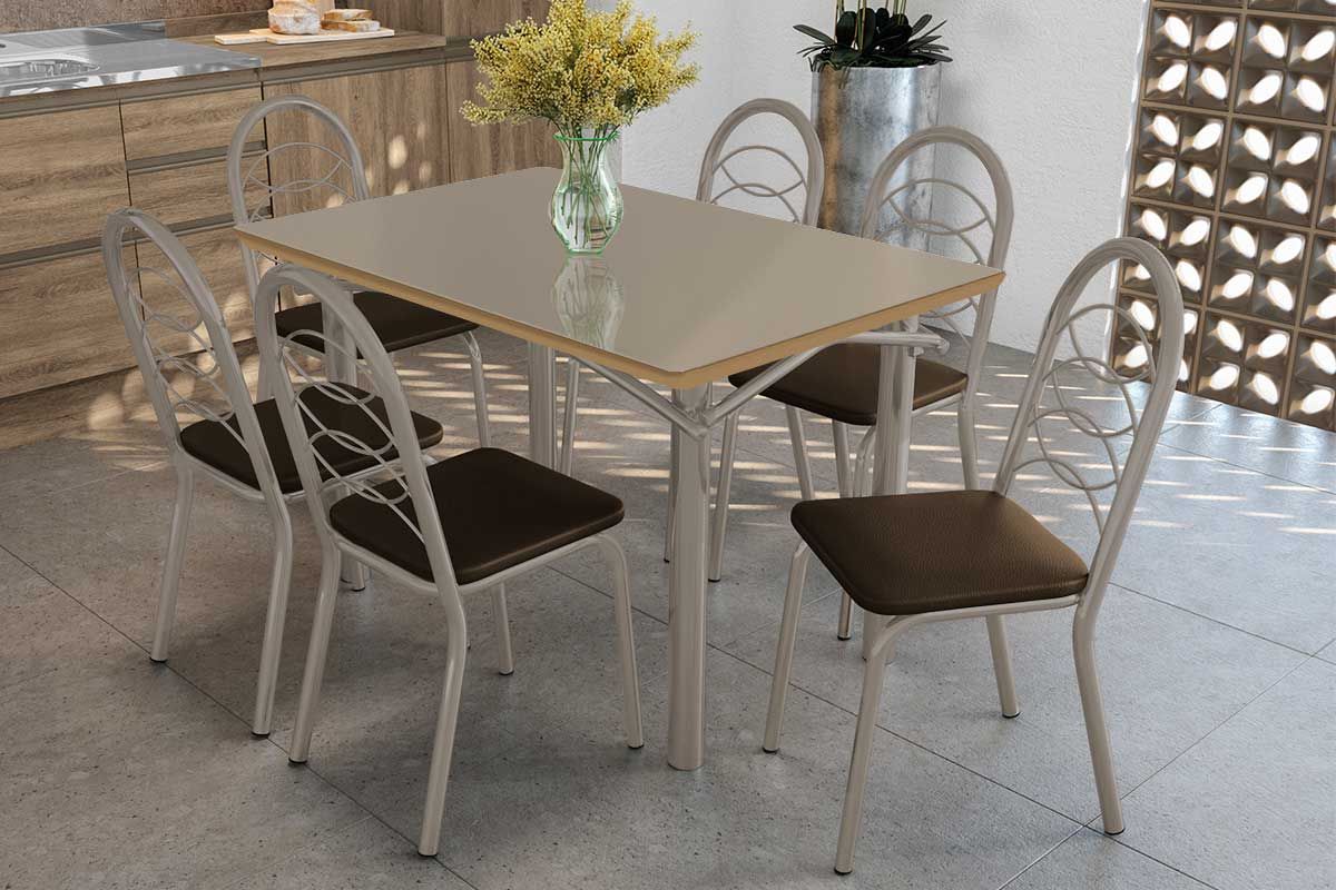 Sala Jantar Mesa Elba Tampo Madeirado c/ Vidro 120cm e 6 Cadeiras Holanda - Kappesberg