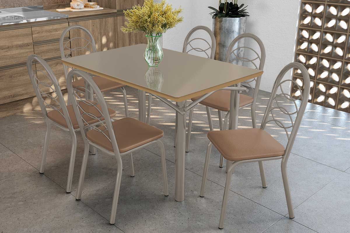 Sala Jantar Mesa Elba Tampo Madeirado c/ Vidro 120cm e 6 Cadeiras Holanda - Kappesberg