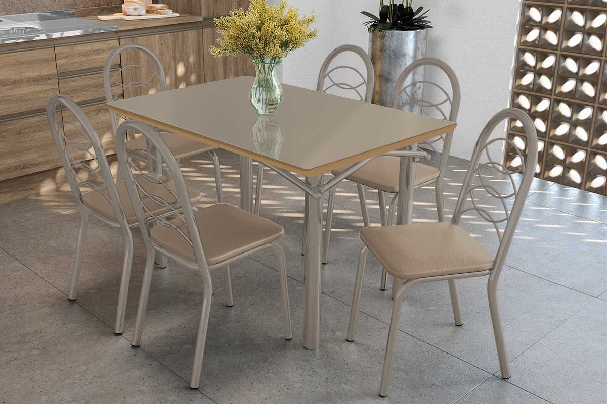 Sala Jantar Mesa Elba Tampo Madeirado c/ Vidro 120cm e 6 Cadeiras Holanda - Kappesberg