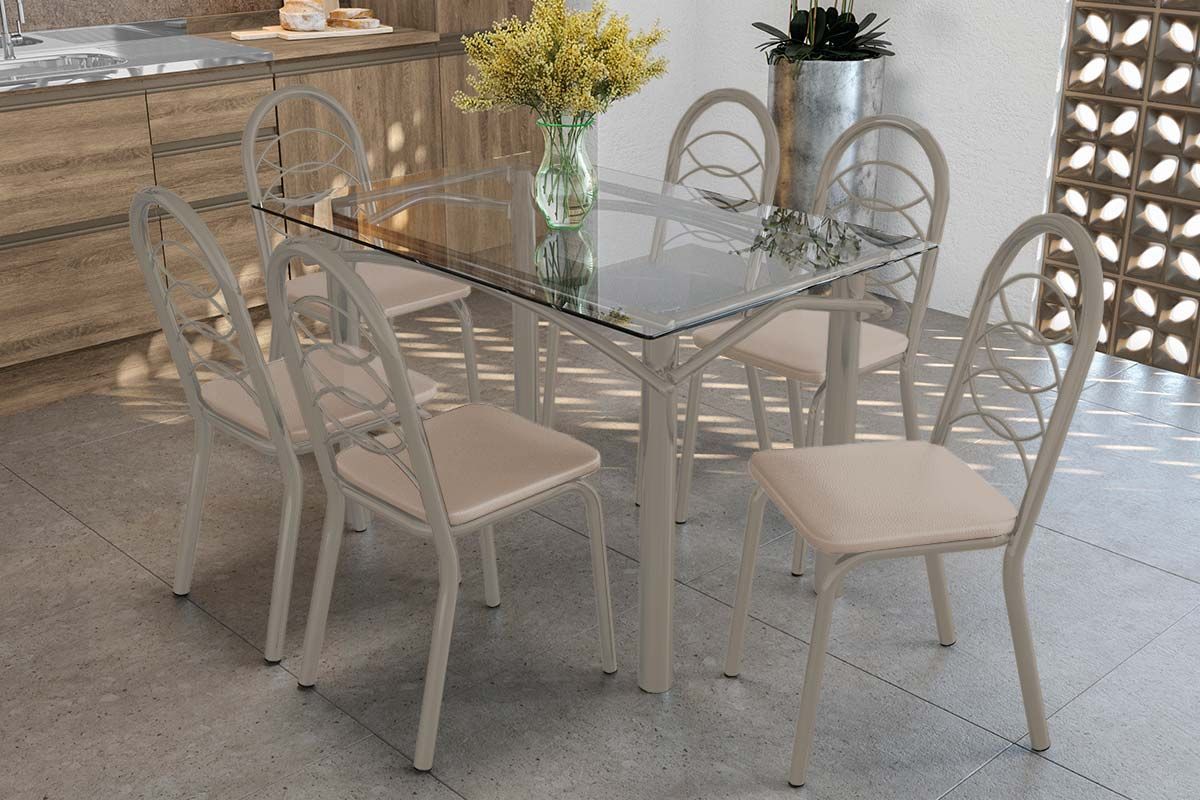 Sala Jantar Mesa Elba c/ Tampo de Vidro 120cm e 6 Cadeiras Holanda - Kappesberg