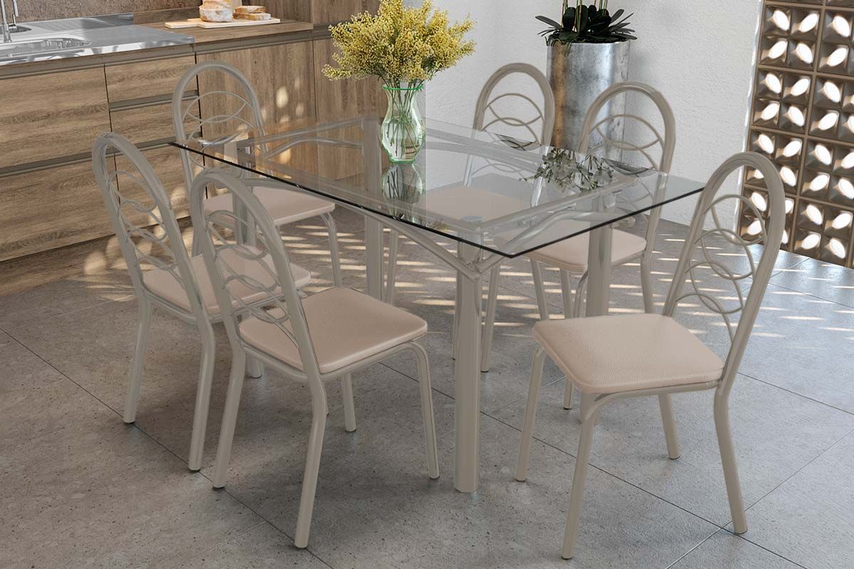 Sala Jantar Mesa Elba c/ Tampo de Vidro 150cm e 6 Cadeiras Holanda - Kappesberg
