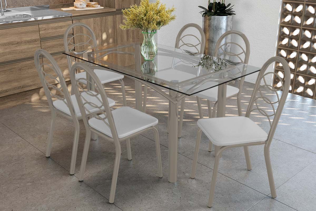 Sala Jantar Mesa Elba c/ Tampo de Vidro 150cm e 6 Cadeiras Holanda - Kappesberg