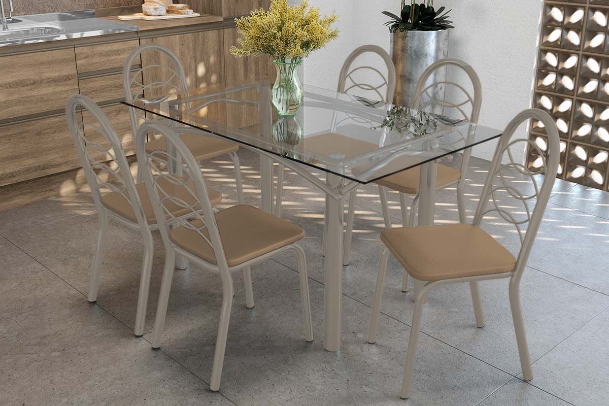 Sala Jantar Mesa Elba c/ Tampo de Vidro 150cm e 6 Cadeiras Holanda - Kappesberg