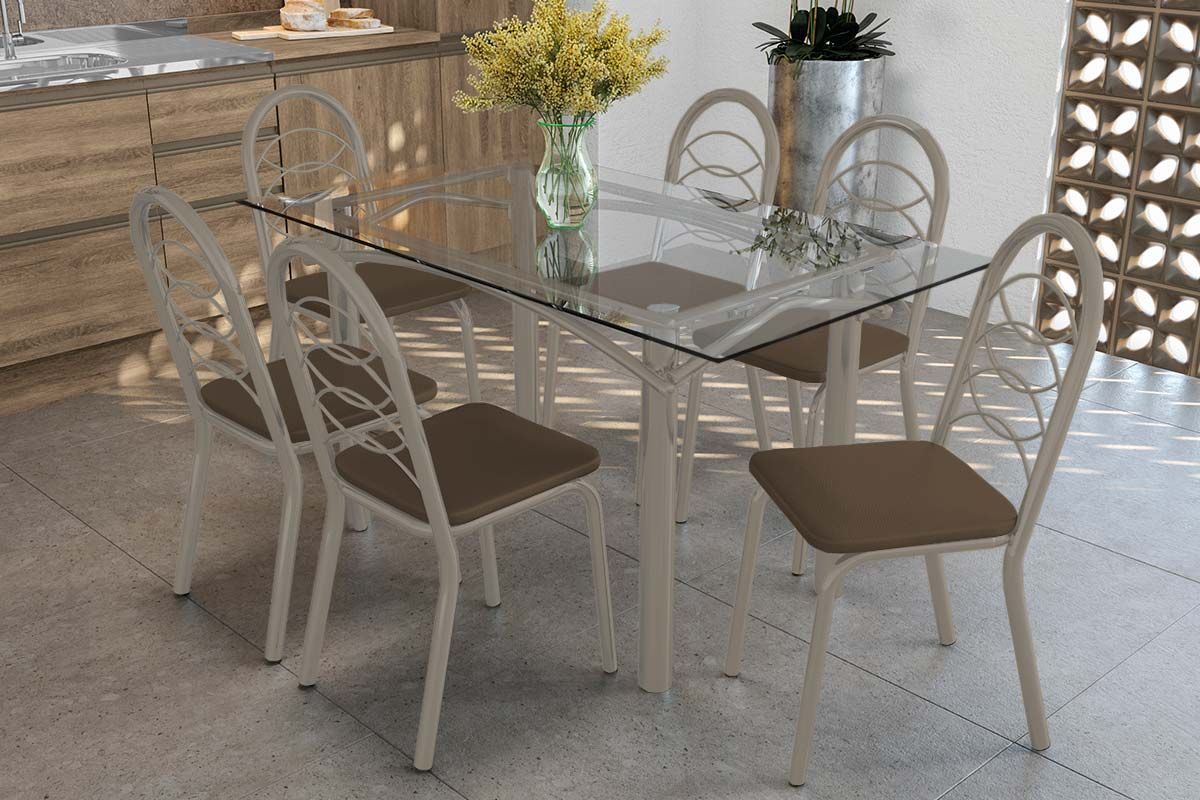 Sala Jantar Mesa Elba c/ Tampo de Vidro 150cm e 6 Cadeiras Holanda - Kappesberg