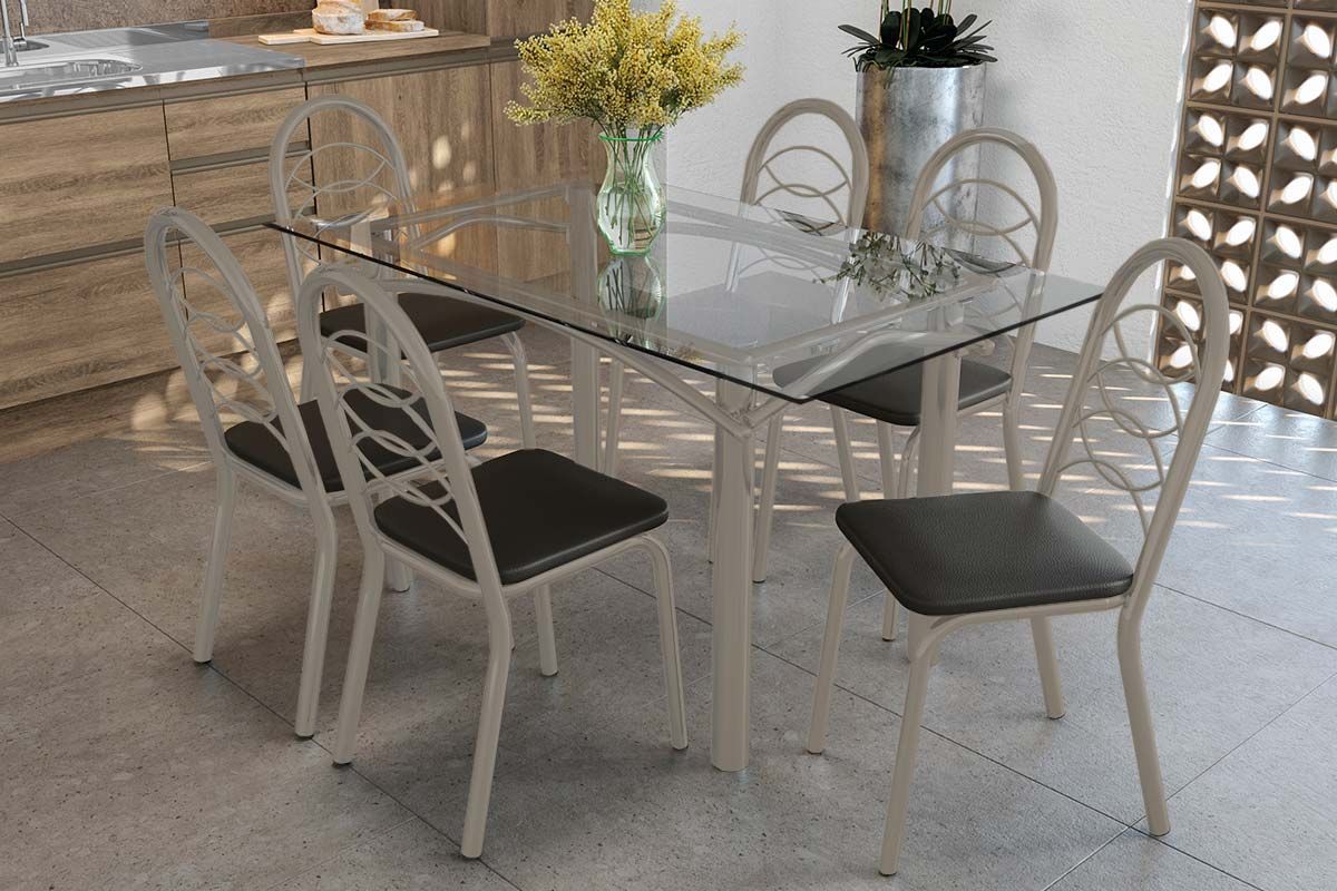 Sala Jantar Mesa Elba c/ Tampo de Vidro 150cm e 6 Cadeiras Holanda - Kappesberg