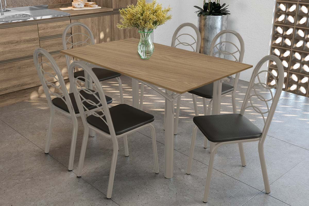 Sala Jantar Mesa Elba c/ Tampo de Madeira 160cm e 6 Cadeiras Holanda - Kappesberg