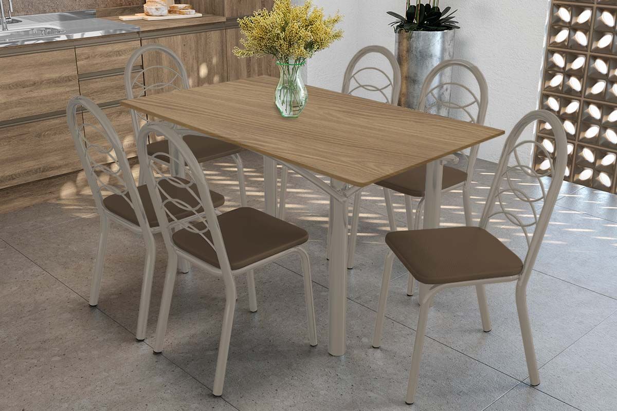 Sala Jantar Mesa Elba c/ Tampo de Madeira 160cm e 6 Cadeiras Holanda - Kappesberg