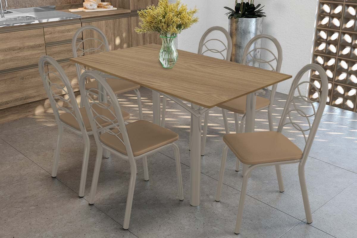 Sala Jantar Mesa Elba c/ Tampo de Madeira 160cm e 6 Cadeiras Holanda - Kappesberg