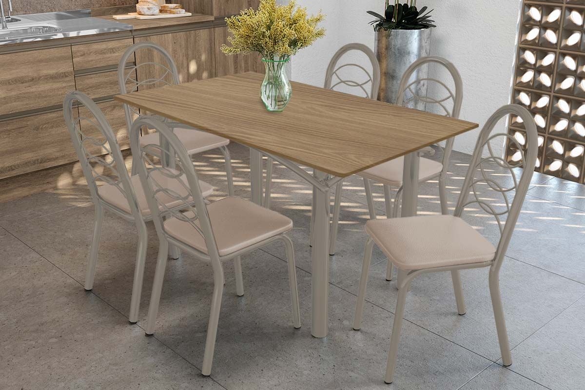 Sala Jantar Mesa Elba c/ Tampo de Madeira 160cm e 6 Cadeiras Holanda - Kappesberg