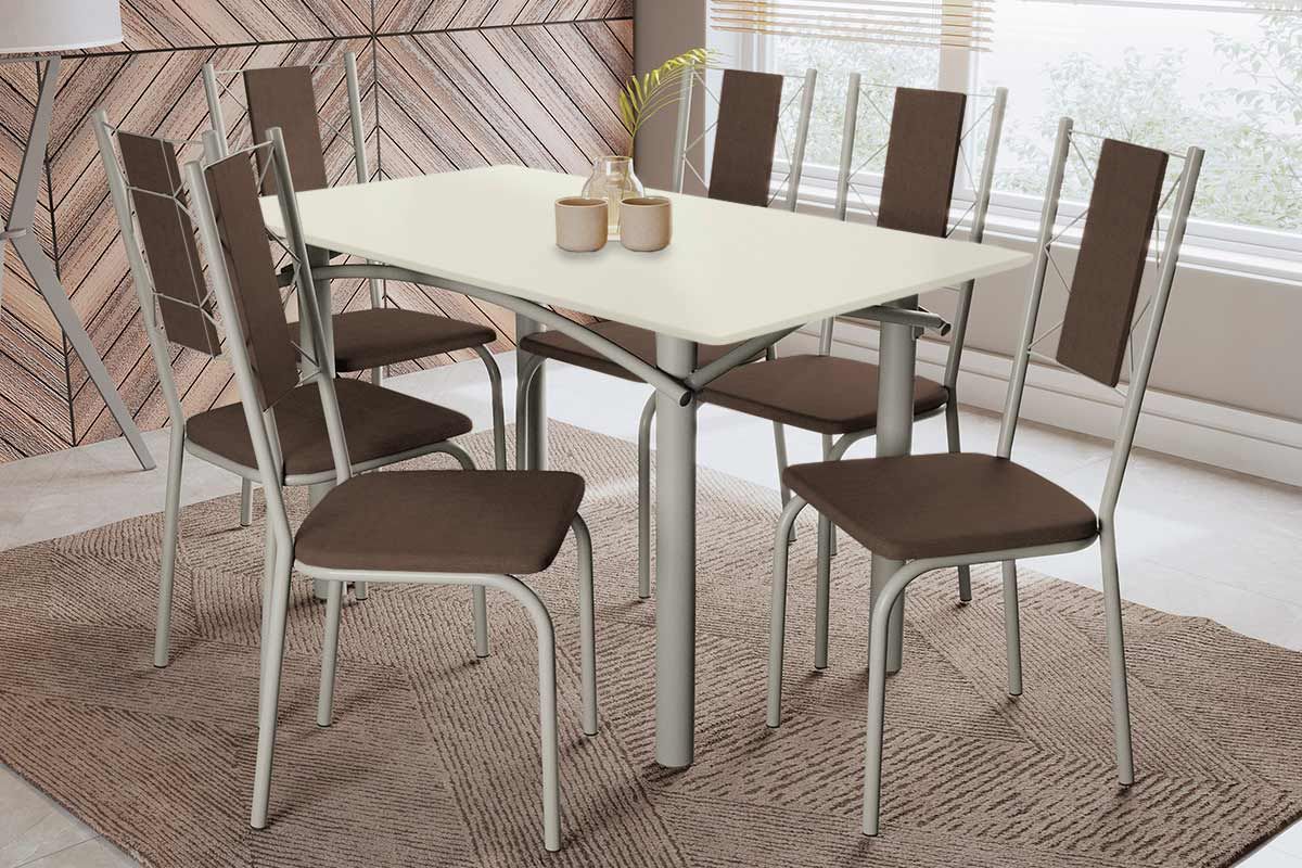 Sala Jantar Mesa Elba Tampo Madeirado c/ Vidro 160cm e 6 Cadeiras Lisboa - Kappesberg