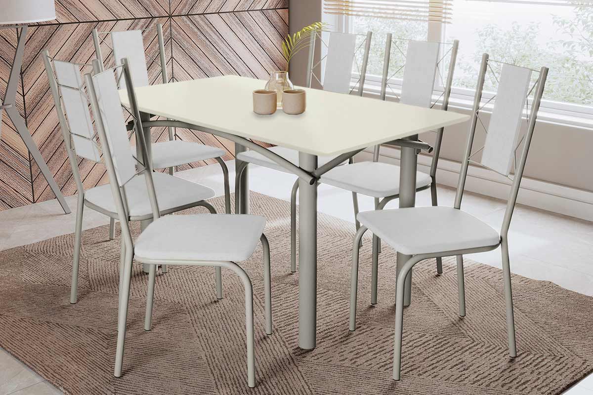Sala Jantar Mesa Elba Tampo Madeirado c/ Vidro 160cm e 6 Cadeiras Lisboa - Kappesberg