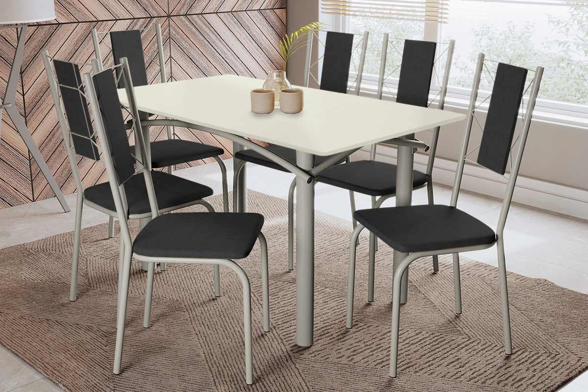 Sala Jantar Mesa Elba Tampo Madeirado c/ Vidro 160cm e 6 Cadeiras Lisboa - Kappesberg