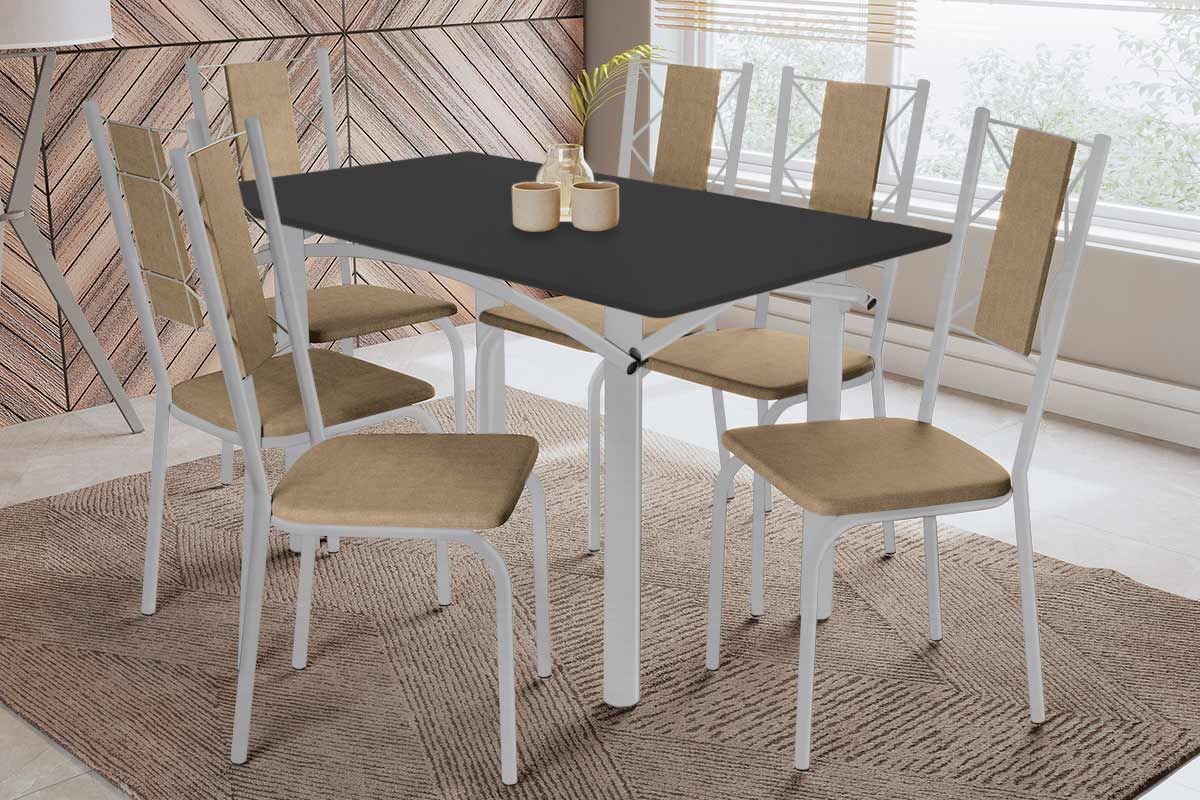 Sala Jantar Mesa Elba Tampo Madeirado c/ Vidro 160cm e 6 Cadeiras Lisboa - Kappesberg