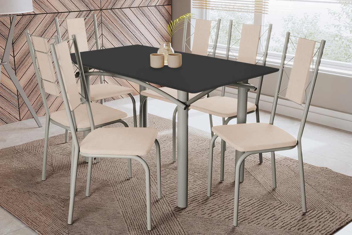 Sala Jantar Mesa Elba Tampo Madeirado c/ Vidro 160cm e 6 Cadeiras Lisboa - Kappesberg