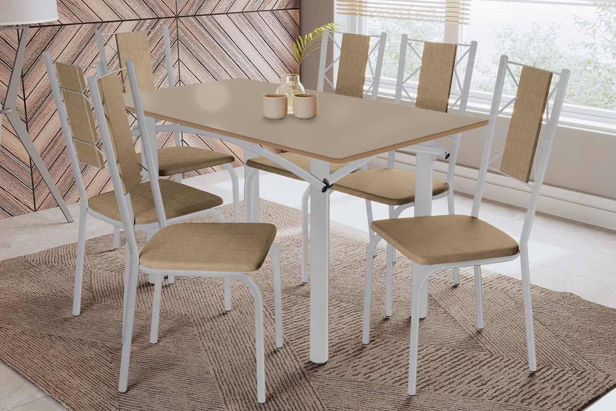 Sala Jantar Mesa Elba Tampo Madeirado c/ Vidro 160cm e 6 Cadeiras Lisboa - Kappesberg