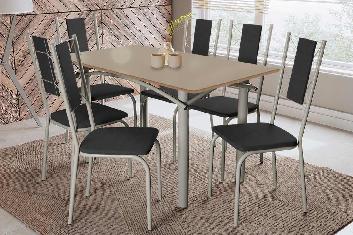 Sala Jantar Mesa Elba Tampo Madeirado c/ Vidro 160cm e 6 Cadeiras Lisboa - Kappesberg