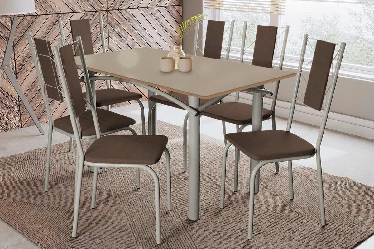 Sala Jantar Mesa Elba Tampo Madeirado c/ Vidro 160cm e 6 Cadeiras Lisboa - Kappesberg