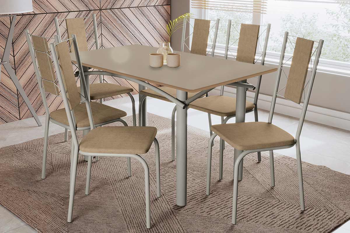 Sala Jantar Mesa Elba Tampo Madeirado c/ Vidro 160cm e 6 Cadeiras Lisboa - Kappesberg