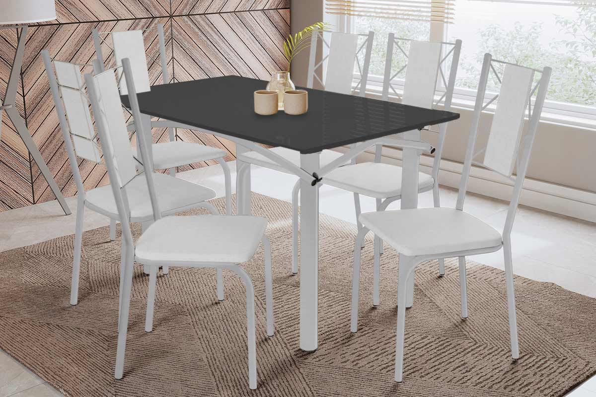 Sala Jantar Mesa Elba Tampo Madeirado c/ Vidro 120cm e 6 Cadeiras Lisboa - Kappesberg