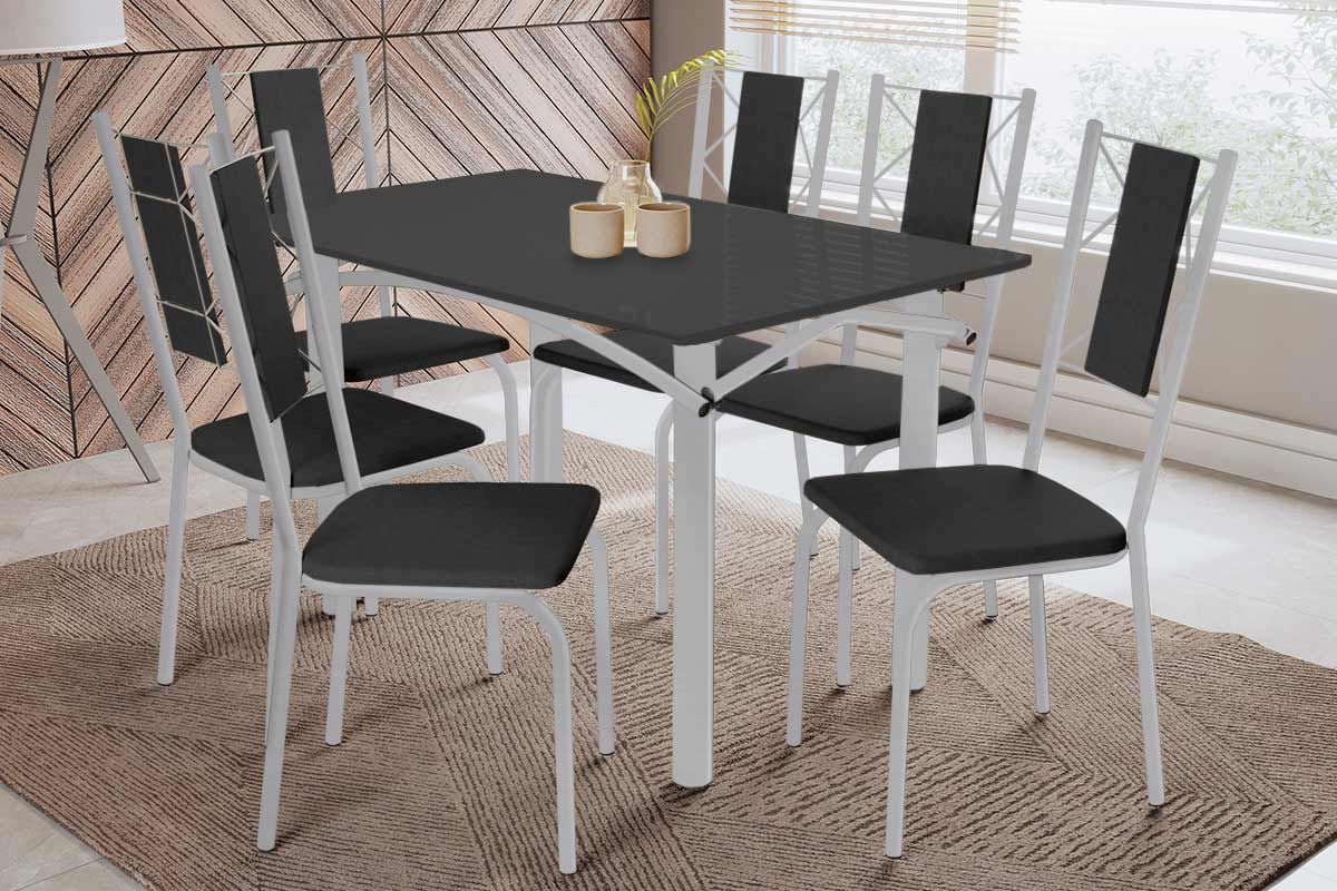 Sala Jantar Mesa Elba Tampo Madeirado c/ Vidro 120cm e 6 Cadeiras Lisboa - Kappesberg